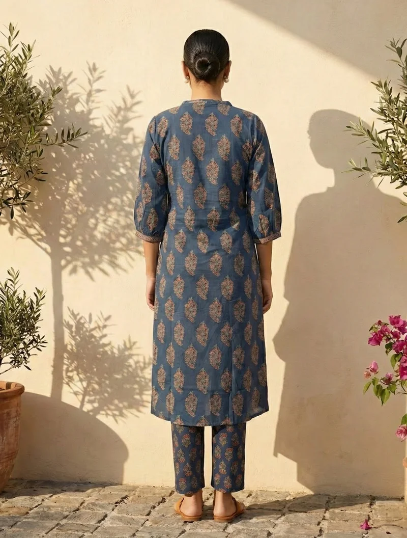 ترو برونز trueBrowns Blue Boota Print Angrakha Kurta Pant Dupatta Set